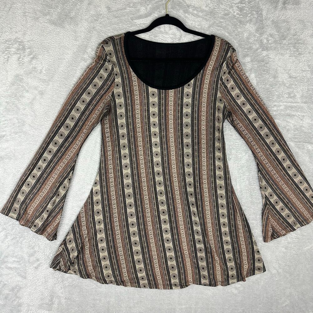 Vintage Bell Sleeve Boho Hippie Mini Swing Dress Striped Patterned Earthy USA L
